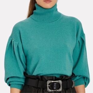 Intermix Taylor Cashmere Turtleneck Sweater Puff Sleeves Green size XS